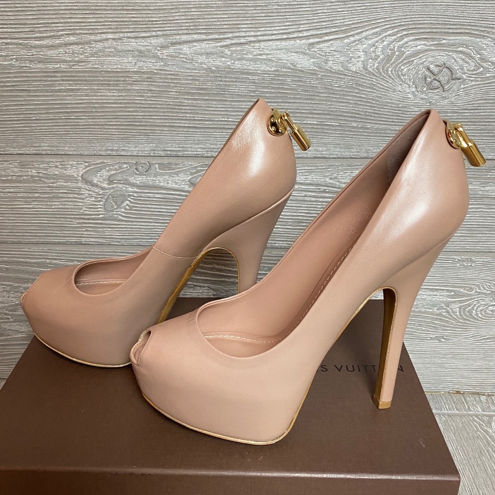 Louis Vuitton Heels Nude Leather Oh Really Platform Lock Peep Toe 38